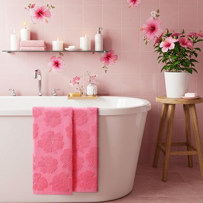 2 Pcs Floral Hibiscus Hand Towels for Bathroom Pink Hibiscus 100% Cotton Jacquard Weave Bath Towel Set Soft Absorbent Dish Washcloth for Bathroom Kitchen Summer Theme Gifts 13.8 x 29.5