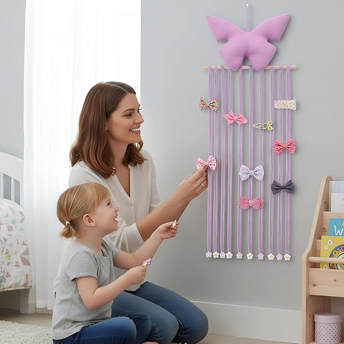 Long Bow Holder for Girls Baby Pink Purple Butterfly Hair Bows Clip Organizer 31.5 Inch Baby Hair Accessories Storage Display Hanging Decor for Girls Nursery Room Bedroom Living Room