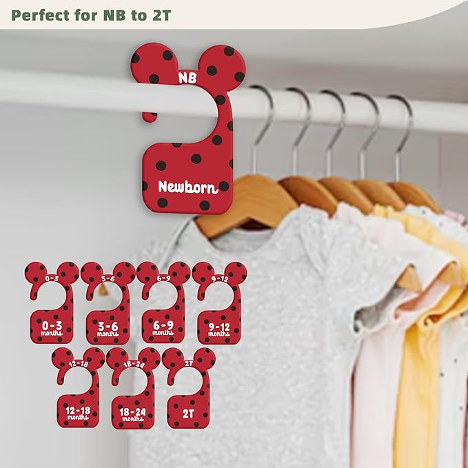 JMOST Baby Closet Dividers for Nursery Closet Organizer, Newborn to 24 Months Size Clothes, Black Red Hangers with Size Dividers, Double Sided