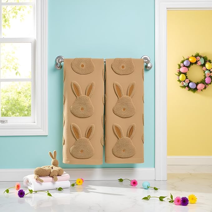 2pcs Easter Bunny Hand Towels Set 100% Cotton Soft Absorbent Spring Bathroom Hand Towels 14x29 Inch Cute Jacquard Easter Kitchen Decor Towels Holiday Kitchen Bathroom Decor Gift(Brown)