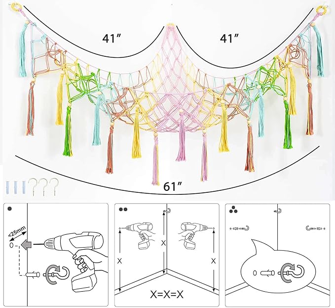 Large Stuffed Animal Net Toy Hammock Corner XL Hanging Net for Plush Toy Holder Boho Macrame Toy Display Stuffed Animal Storage Organizer for Kids Room, Nursery