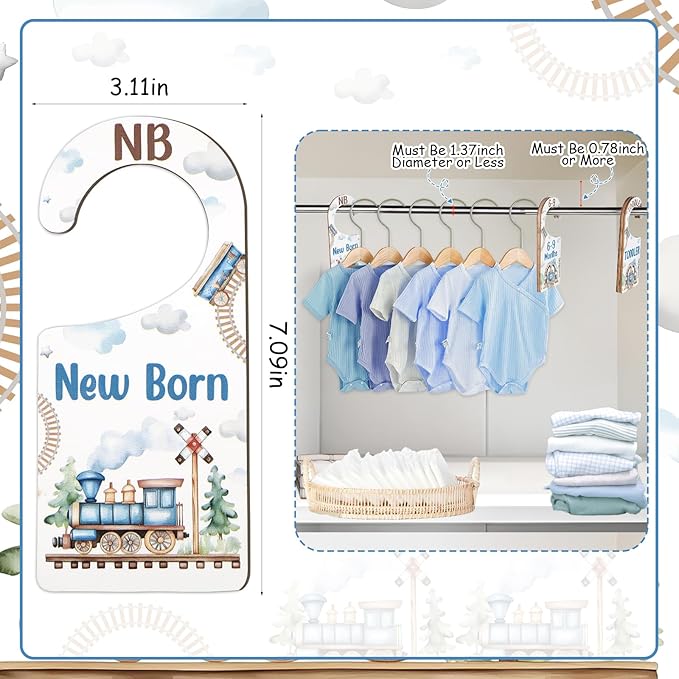 Baby Closet Dividers 8PCS, Retro Train Themed Wooden Double-Sided Clothes Size Hanger/Organizer from Newborn to Toddler for Nursery Decor Baby Shower Birthday Gender Reveal Party Gift