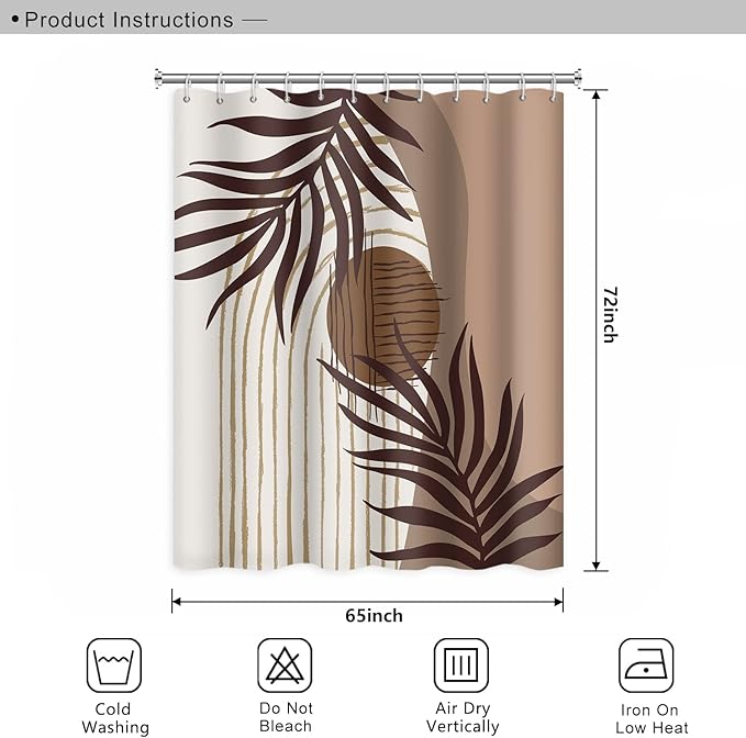 Abstract Mid Century Boho Bathroom Shower Curtain Eucalyptus Leaves Brown and Beige Sun Shower Curtain with Hooks Waterproof Fabric Polyester Shower Curtain for Art Home Decor, 65x72 Inch