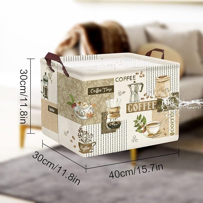 Clastyle Large Breaktime Coffee Theme Storage Basket Coffee Bean Cup Snack Kitchen Storage Bin Rectangle Brown Basket for Clothes Toy Book