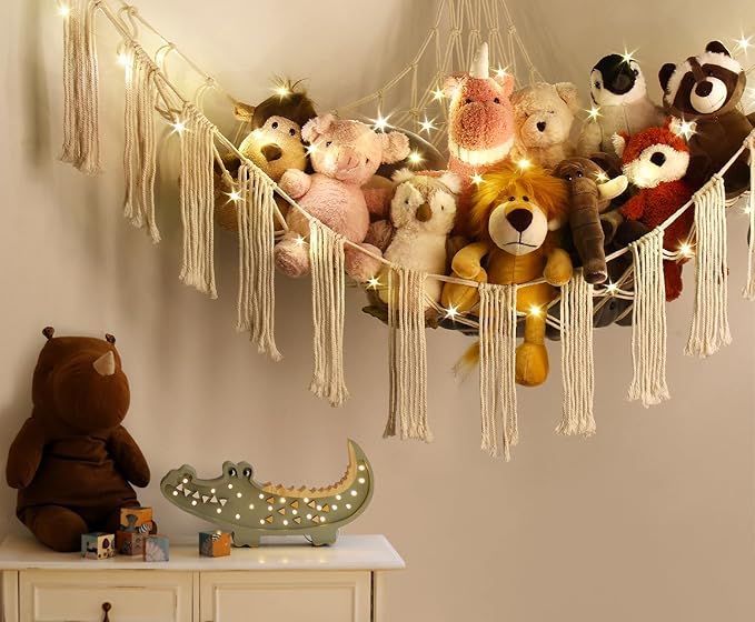 Stuffed Animal Hammock Corner with LED Light - Toy Storage Hammock Plushie Net Large - Cute Stuff Animals Holder Hanging Organizer - Baby Room Decor Kids Toddler Nursery Bedroom Boho