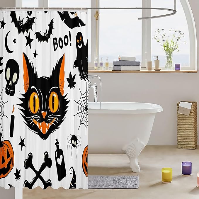 Halloween Cartoon Cat Shower Curtain,Cat Bat Pumpkin Lantern Spider Web Bath Curtain for Kids Bathroom Decor,Watercolor Moon and Star Print Waterproof Shower Curtain 72" Wx78 L