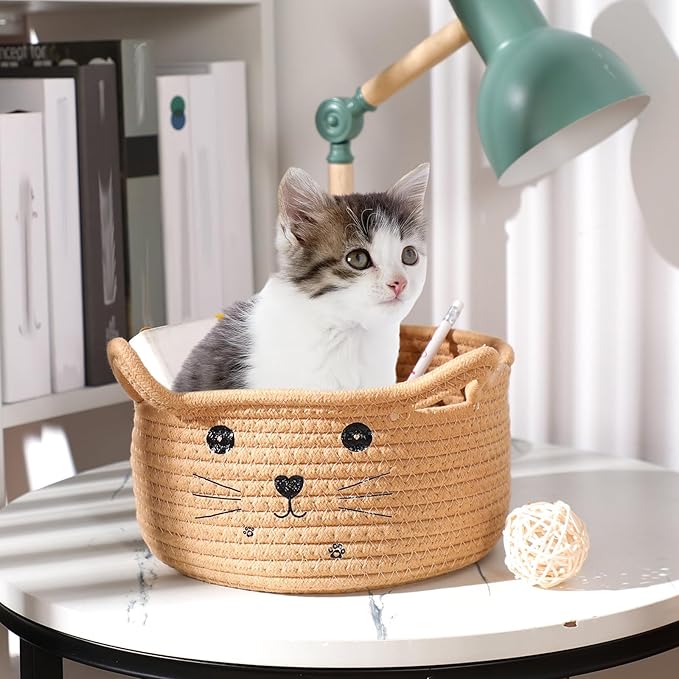 Zopeal Cat Basket Storage Woven Organizer with Ears Christmas Decorative Pet Toy Cute Cotton Rope Basket for Gift Cat Dog Toy Bin Nursery Room(13.7 x 7.8 Inch,Khaki)
