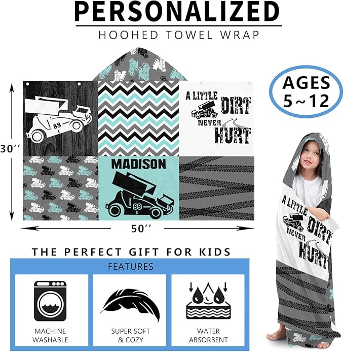 Hooded Towel Kids Turquoise Race Car Bath Towels with Hood Microfiber Kids Beach Towels Baby Pool Beach Towel for Boy Girls