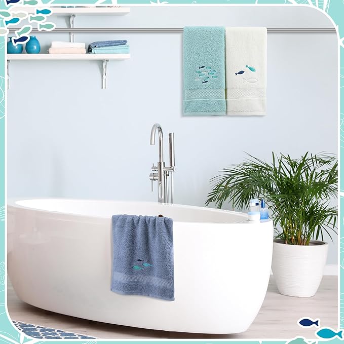 3 Pack Shoal of Fish Coastal Hand Towels for Bathroom 100% Cotton Embroidered Bathroom Towels 13.78 x 29.53 Inch Soft Absorbent (White Green Blue, Fishes)