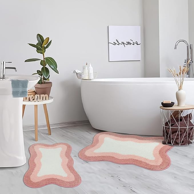 HAOCOO Pink Bathroom Rugs Non Slip 20X31 inch, Ultra Soft Absorbent Irregular Shape Bath Rug, Microfiber Washable Non-Slip Bathmat Boho Decor for Bedroom Bathroom Floor Tub Shower