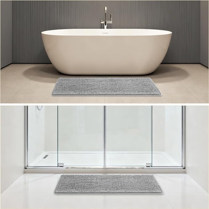 Gray Bathroom Rugs 17"x47" - Plush Chenille Non-Slip Runner Bath Mat - Absorbent, Washable, Soft Decor for Shower, Sink, Tub, Kitchen, Home Accessories