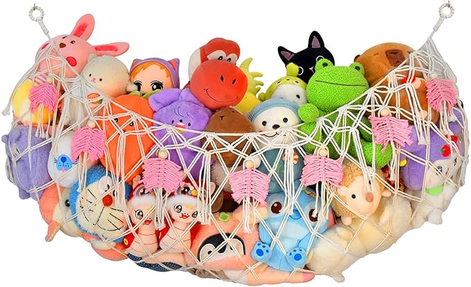 60"Stuffed Animal Net or Hammock for Stuffed Animal Storage,Flat Wall Mounted Hanging Net Organizer for Kids Plush Toys,Space-Saving Wall Storage with Hooks,Durable Mesh for Nursery & Playroom (White)