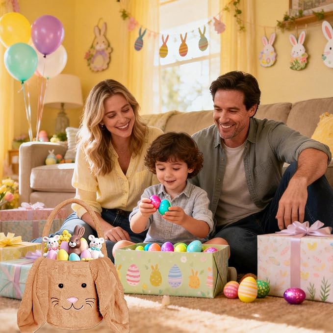 Easter Bunny Basket for Kids, Fluffy Easter Egg Hunt Bag Soft Fabric, Cute Rabbit Tote Bags with Long Plush Ear Easter Tote Bags for Candy Gifts Storage (Brown)