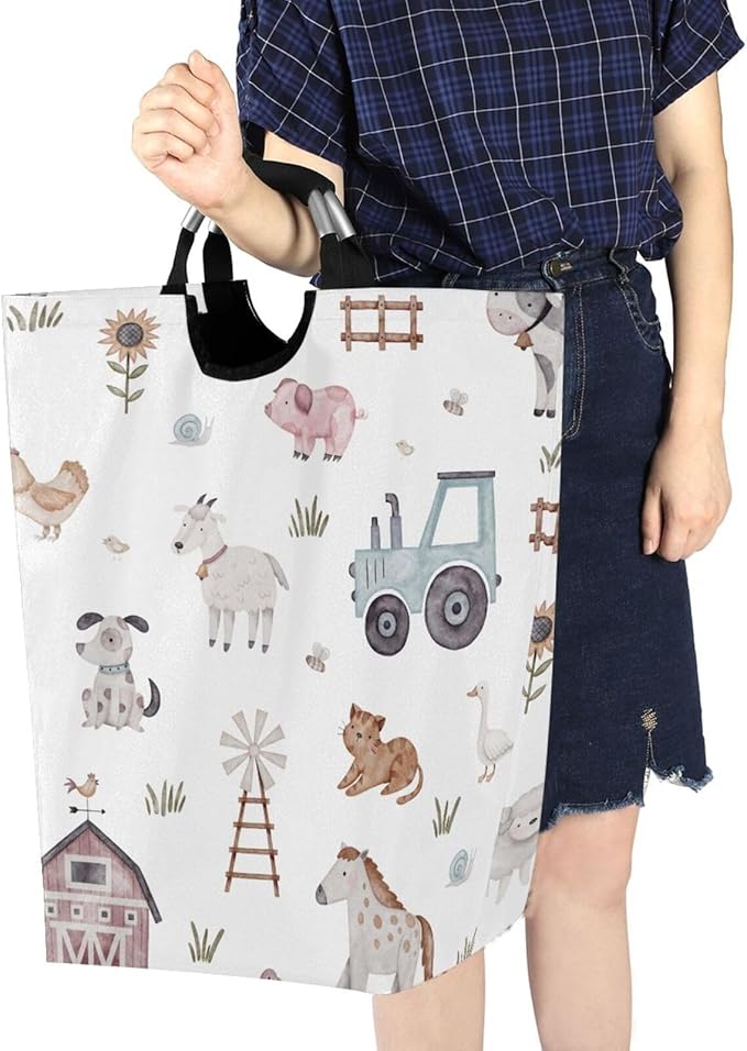 Kigai Farm Animal Laundry Basket Waterproof Collapsible Laundry Hamper Baby Hamper Dirty Clothes Organizer for Nursery Bedroom Dorm