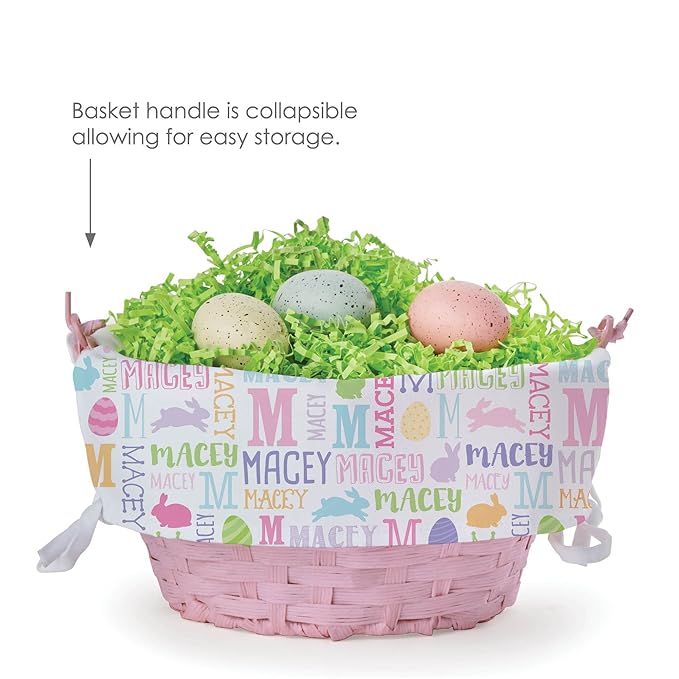 Bunny Name Personalized Easter Egg Basket with Handle and Custom Name | Removable Easter Basket Liners | Pink Basket | Woven Easter Baskets for Kids | Customized Easter Basket