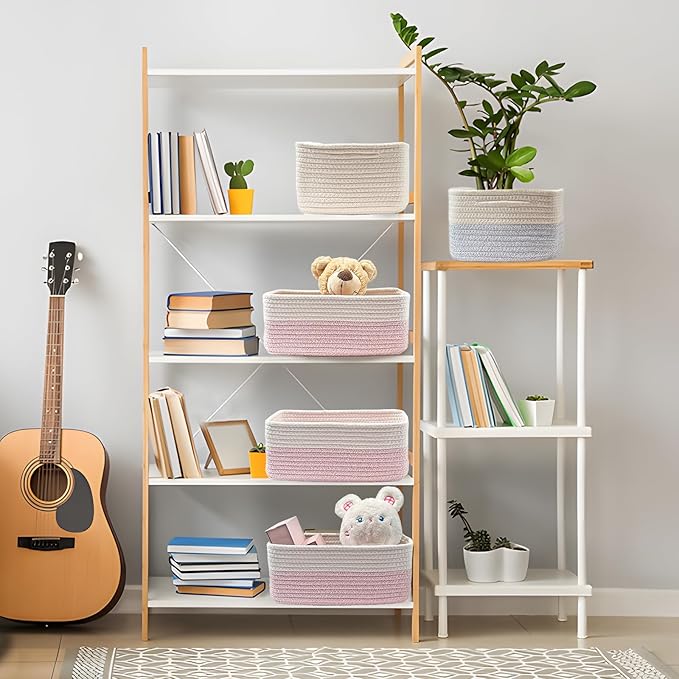COMFY-HOMI 13" x 8.5" x 5.1" Storage Baskets for Organizing | Cotton Rope Woven Basket | Toy Storage Bin Box | Basket for Shelves, Closet Organizer Bin, Decorative Closet Shelf, 1 Pack, white/pink