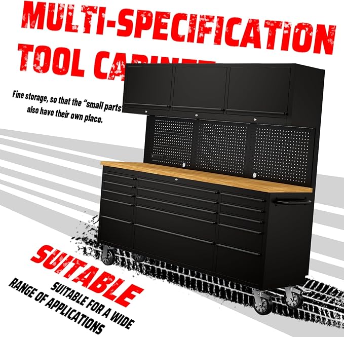 SINDA 72-inch Rolling Tool Cabinet Mobile Workbench Tool Chest with 15 Storage Drawers, Wheels, 3 Uper Cabinet, Outlet, SS Pegboard Black