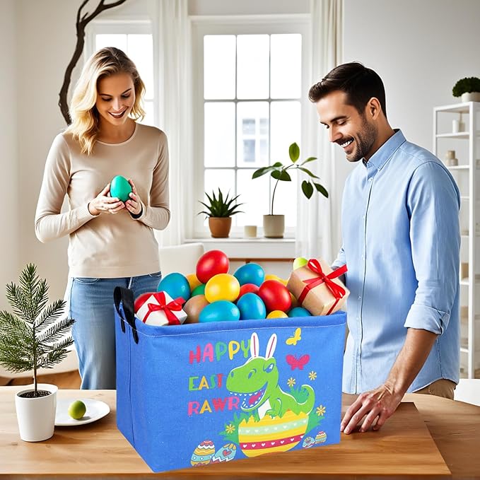 Personalized Dinosaur Easter Basket Bluey Fabric Large Empty Easter Basket for Boy and Girl (Dinosaur Blue Background)