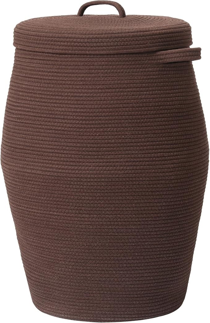 26"x20" Handcrafted Tall Cotton Rope Basket with Lid, Stylish Flagon Shape with Cover, Clothes Hamper with Top, for Bedroom and Living Room, All Dark Brown