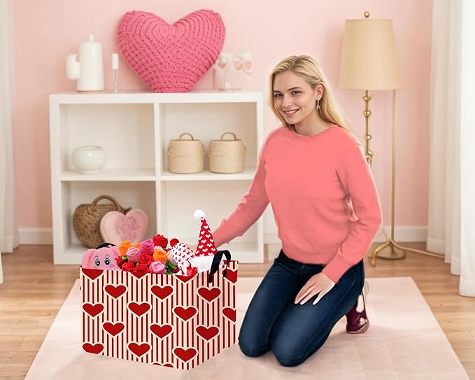Large Valentine's Day Basket Heart Shaped Storage Bin for Gifts Collapsible Organizer Room Decor (Vertical Bar Red Love)
