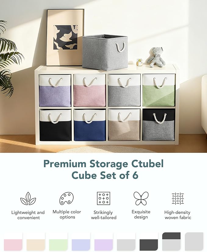 13x15x13 Storage Cube Bins, Heavy Duty Foldable Fabric Storage Bins with Handles and Metal Frame, 6 Pack Large Closet Organizer Bins for Clothes, Socks, Towels, White Black