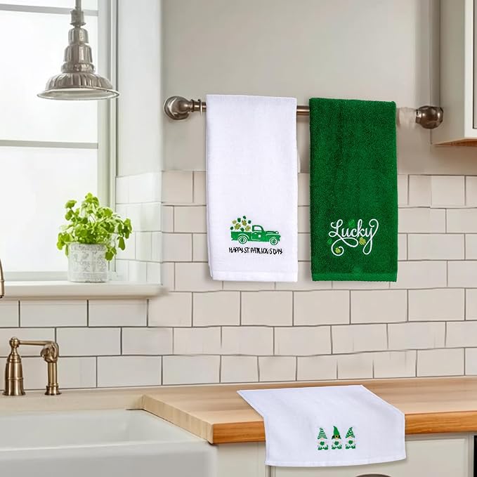 3 Pcs St. Patrick's Day Hand Towels Embroidered Decorative Lucky Shamrock 100% Cotton Bath Towel for Bathroom Home Kitchen Decor Housewarming Gifts 13.4" x 29.5"