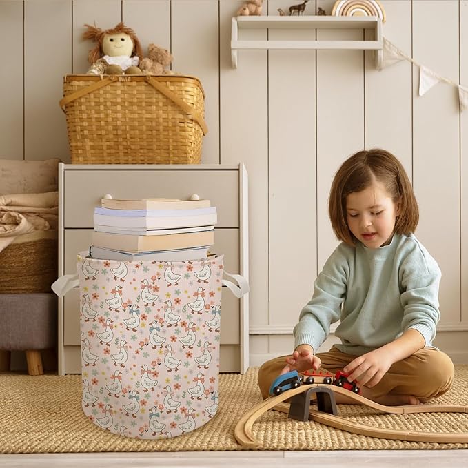 Pink Floral Goose Nursery Laundry Basket, Coquette Bow Cute Goose Laundry Basket Hamper Waterproof Collapsible Clothes Toys Storage Bin for Bedroom Bathroom Kids Room, Toybox for Girls