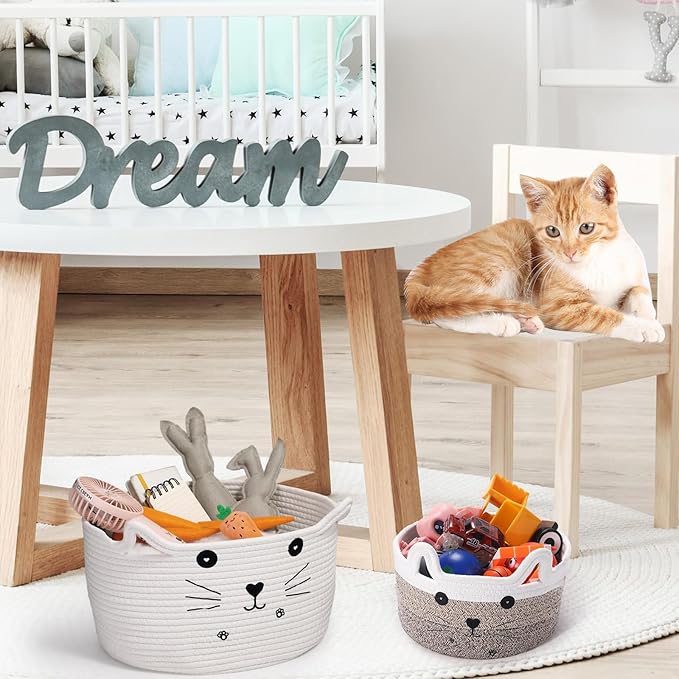 Zopeal Cat Basket Storage Woven Organizer with Ears Christmas Decorative Pet Toy Cute Cotton Rope Basket for Gift Cat Dog Toy Bin Nursery Room(8.3 x 4.7 Inch,Gradient Khaki)