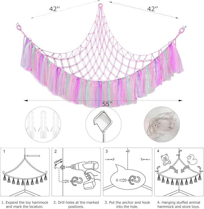 Stuffed Animal Storage Macrame Boho Plush Toy Net Hammock for Stuffed Animals with Light Pet Net for Stuffed Animals Corner Hanging Stuffed Animal Holder Teddy Bear Net for Kids Room (Shiny Pink)