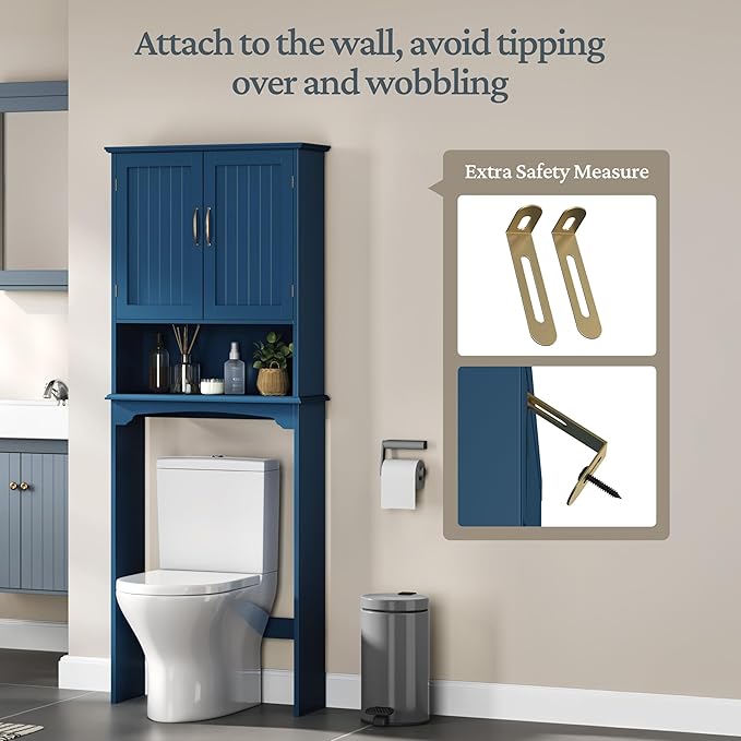 Topeakmart Over The Toilet Storage Cabinet, Organizer with Double Doors and Inner Adjustable Shelf and Lower Open Shelf for Bathroom Laundry, 66 in H, Navy Blue