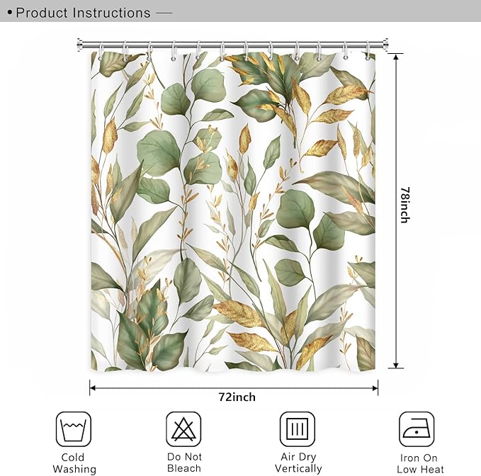 Green Eucalyptus Leaves Bathroom Curtain Tropical Leaf Nature Plant Polyester Waterproof Fabric Modern Home Decor Bath Shower Curtain with Hooks, 72x78 Inch