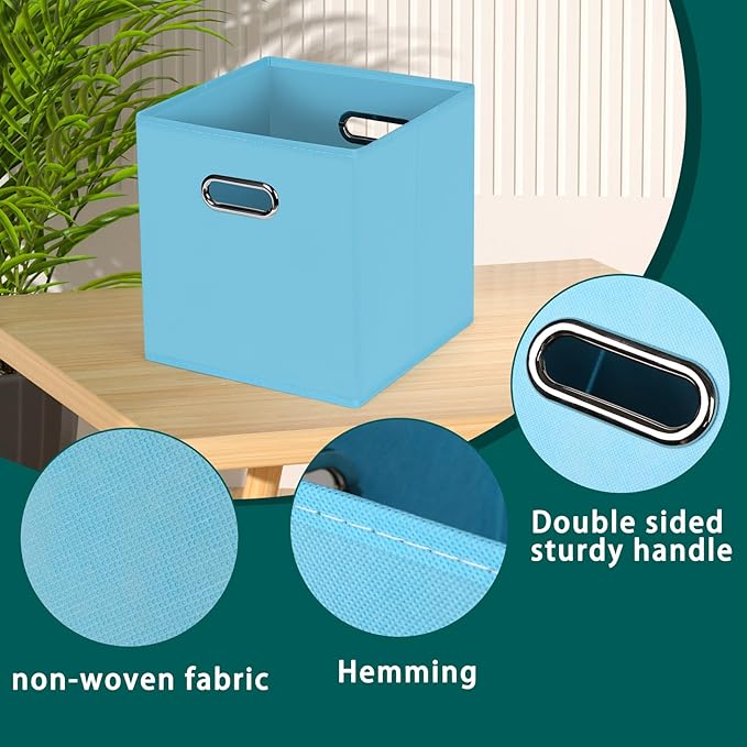 Black Foldable Storage Cubes Bins, Fabric Storage Box Cubes Organizer Baskets with Dual Handles for Home Organizer,Set of 3,(Blue)