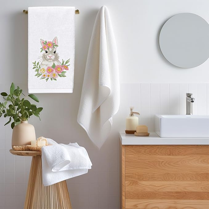 2Pcs Easter Hand Towels Floral Bunny Cotton Embroidered Bathroom Towel Spring Flower Rabbit Absorbent Bath Towels for Drying Cleaning Cooking, 29.5 x 13.7 Inch