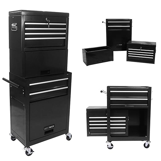 Rolling Tool Chest, Garage Tool Box, 6-Drawer and 2 Cabinets Lockable Tool Cabinet, 2 in 1 Detachable Tool Box Storage Organizer Suitable for Workshops, Warehouses, Repair Shops, Black