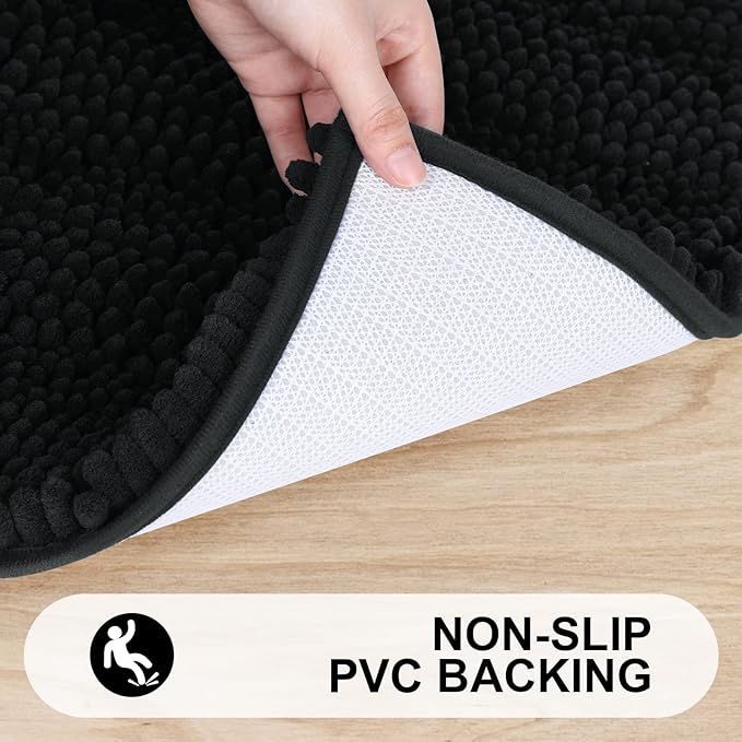 Grandaily Chenille Striped Bathroom Rugs 47x32, Extra Thick and Absorbent Bath Mats, Non-Slip Soft Plush Shaggy Shower Carpet, Machine Wash Dry, Bath Rug for Bathroom, Black