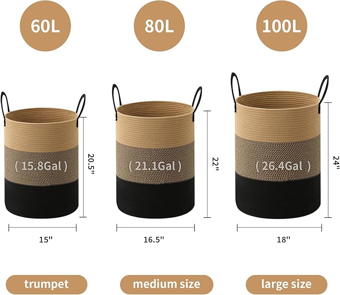Woven Laundry Hamper Tall Rope Storage Basket for Blanket oys Dirty Clothes in Living Room Bathroom Bedroom (Jute Brown & Black, 80L/21.3Gal)