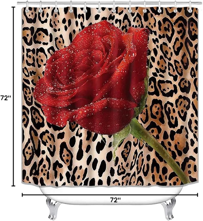 4PCS/Set Sexy Brown Leopard Shower curtain, Romantic Dewy Rose Panthera Cheetah Safari Wildlife African Wild Animal Skin Pattern Bathroom Decor, Non-slip Bath Rug Toilet Mat Carpet, Red Floral
