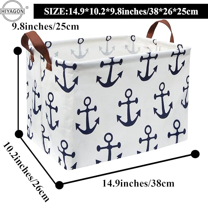 HIYAGON Kids Storage Basket Nautical Gift Basket Empty Boys Toy Storage Bin Organizer Box Rectangular Room Decor for Home,Books (Anchor)