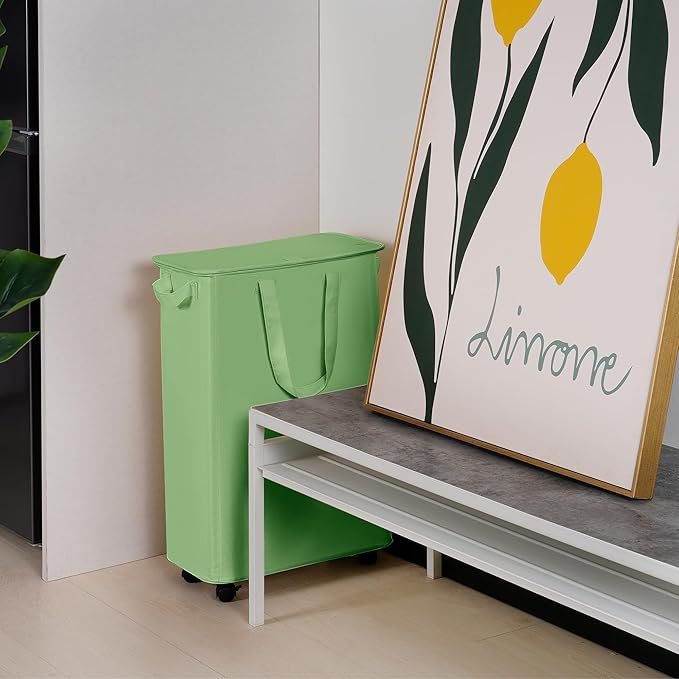 Slim Laundry Hamper with Lid and Wheels, Small Rolling Laundry Basket with Handle for Small Spaces, Tall Dirty Clothes Hampers for Dorm, Bathroom and Bedroom, 55L, Soga Green