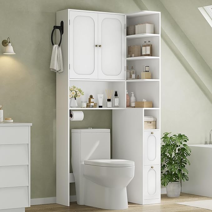7-Tier L-Shaped Over Toilet Storage Cabinet with 2 Drawers, Tissue Holder & Towel Holder, Bathroom Storage Cabinet with 2 Doors & Adjustable Shelf for Bathroom, Laundry Room, White