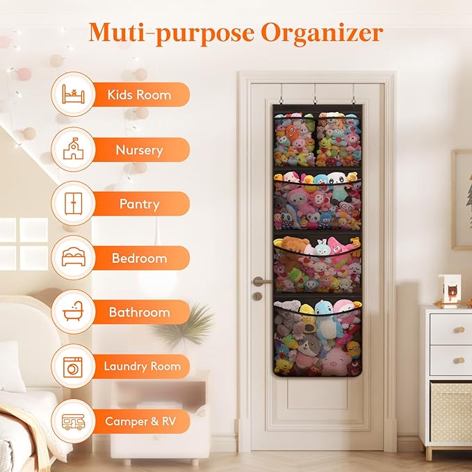 Lifewit Stuffed Animal Storage, Over the Door Organizer with 5 Expandable Mesh Pockets, Breathable Oxford Fabric Hanging Kid Baby Plush Toy Holder for Nursery, 167 cm (65.8'') High, Black, 1 Pack