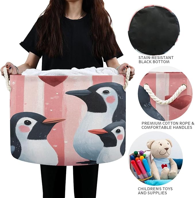 Blanket Storage Basket for Living Room - Penguins Large 20"x20"x14" Cotton Rope Handles Laundry Basket, Foldable for Toy Storage, Blanket Basket