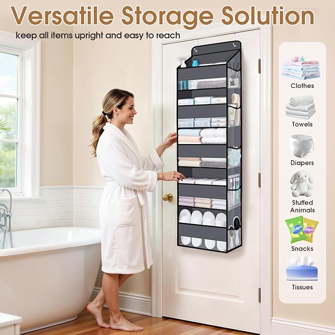 WISELIFE Over The Door Organizer Storage with 5 Large Pockets Door Hanging Organizer with Clear Windows behind The Door Storage for Nursery Bedroom Bathroom Pantry Closet and Baby Essentials Dark Grey