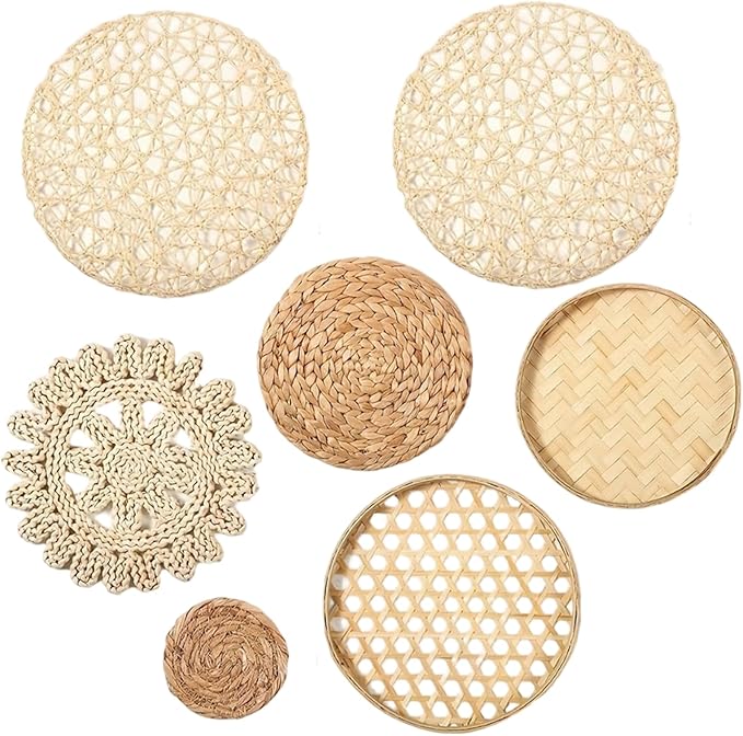 Boho Wall Baskets 7Pcs/Set Different Size & Style Boho Wall Basket Decor Straw Woven & Round Decorative Art for Living Room, Bedroom, Farmhouse, Nursery.