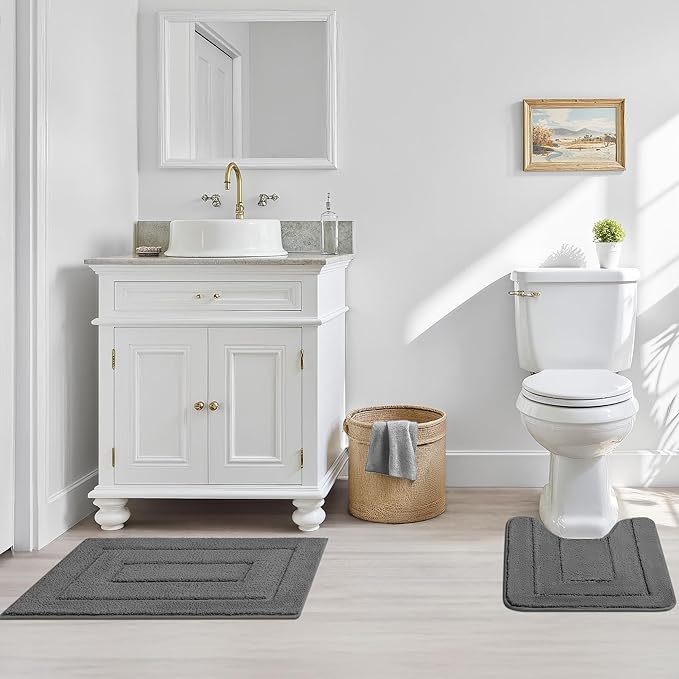GRANNY SAYS Bathroom Rugs Sets 3 Piece, Soft Absorbent Microfiber Bath Mats for Bathroom Non Slip Washable, U-Shaped Toilet Bath Rugs for Tub Shower (Deep Grey, 16" x 24" + 20" x 32" + U Shaped)
