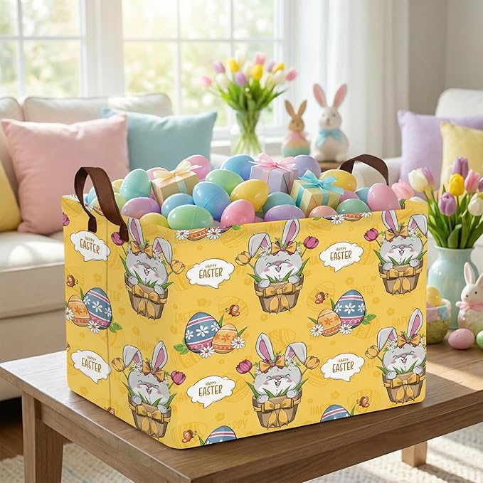 Large Cute Easter Basket for Kid Empty Gift Baby Rectangle Storage Bin Bunny Eggs Boy&Girl Room Décor (Tulip Rabbit Yellow)