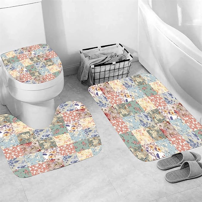 4Pcs Boho Shower Curtain Set Vintage Floral Bathroom Sets with Rugs Patchwork Floral Shower Curtain with 12 Hooks
