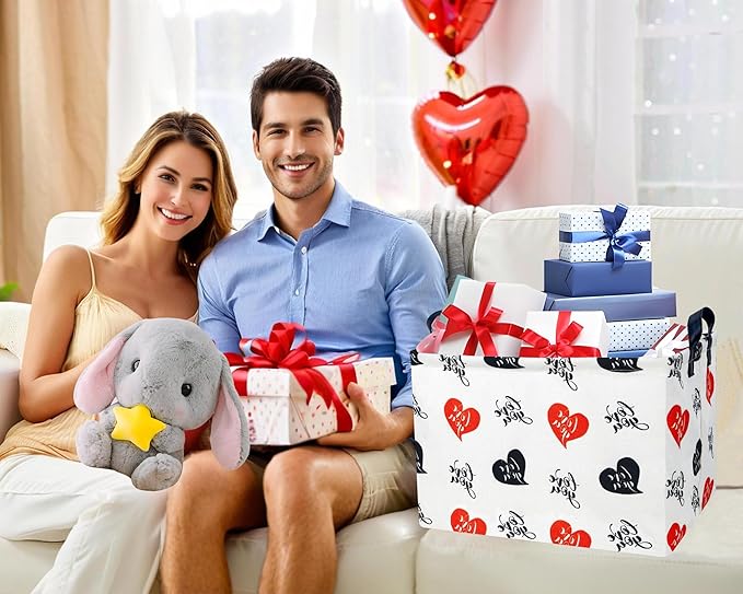 Large Valentine's Day Basket Heart Shaped Storage Bin for Gifts Collapsible Organizer Room Decor (Red Black Love You)