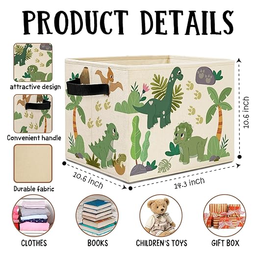 Tropical Dinosaur Storage Bins Box with Handles, Sage Green Plant Nursery Laundry Basket Hamper Collapsible Clothes Toys Organizer for Kids Boys Room Nursery Playroom Bathroom