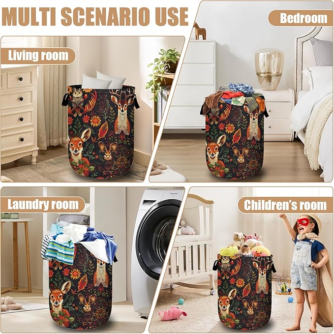 Retro Deer Owl Fox Laundry Basket, Foldable Wild Animals Floral Laundry Hamper Tote Bag Dirty Clothes Storage Bucket Toy Organizer for Bathroom/Laundry/Bedroom 15.7"x19.6"